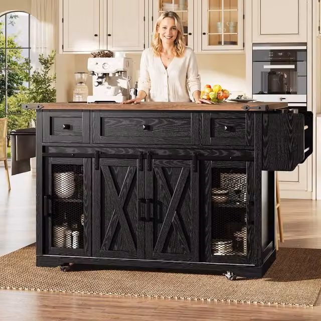 Merax Mobile Kitchen Island Trolley with Drop Leaf Worktop and Storage, Black, H 91.5 x W 120.2 x D 45.0 cm
