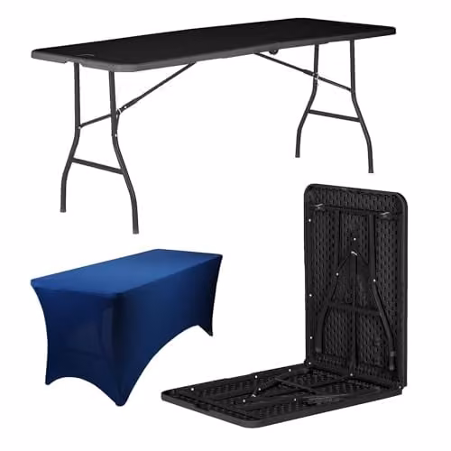 Harbour Housewares Folding Camping Picnic Table with Fitted Tablecloth, Black and Blue, W: 180 cm, D: 70 cm, H: 73.5 cm