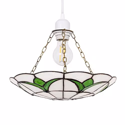 Happy Homewares Traditional Stained Glass Tiffany Circular Pendant Light Shade with Emerald Green Leaves and Hanging Chains, Multicolour, Diameter: 31 cm, Height: 6 cm – 1