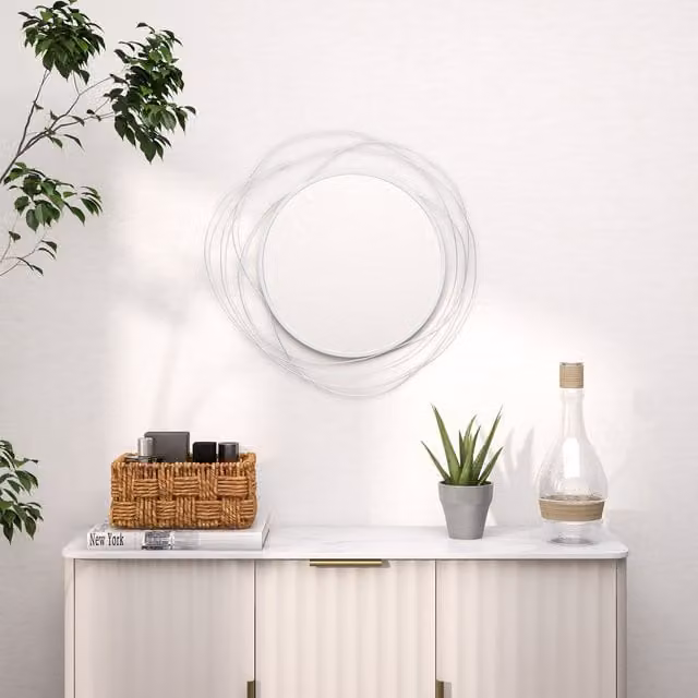 HOMCOM Modern Abstract Round Metal and Glass Wall Art Mirror in Silver