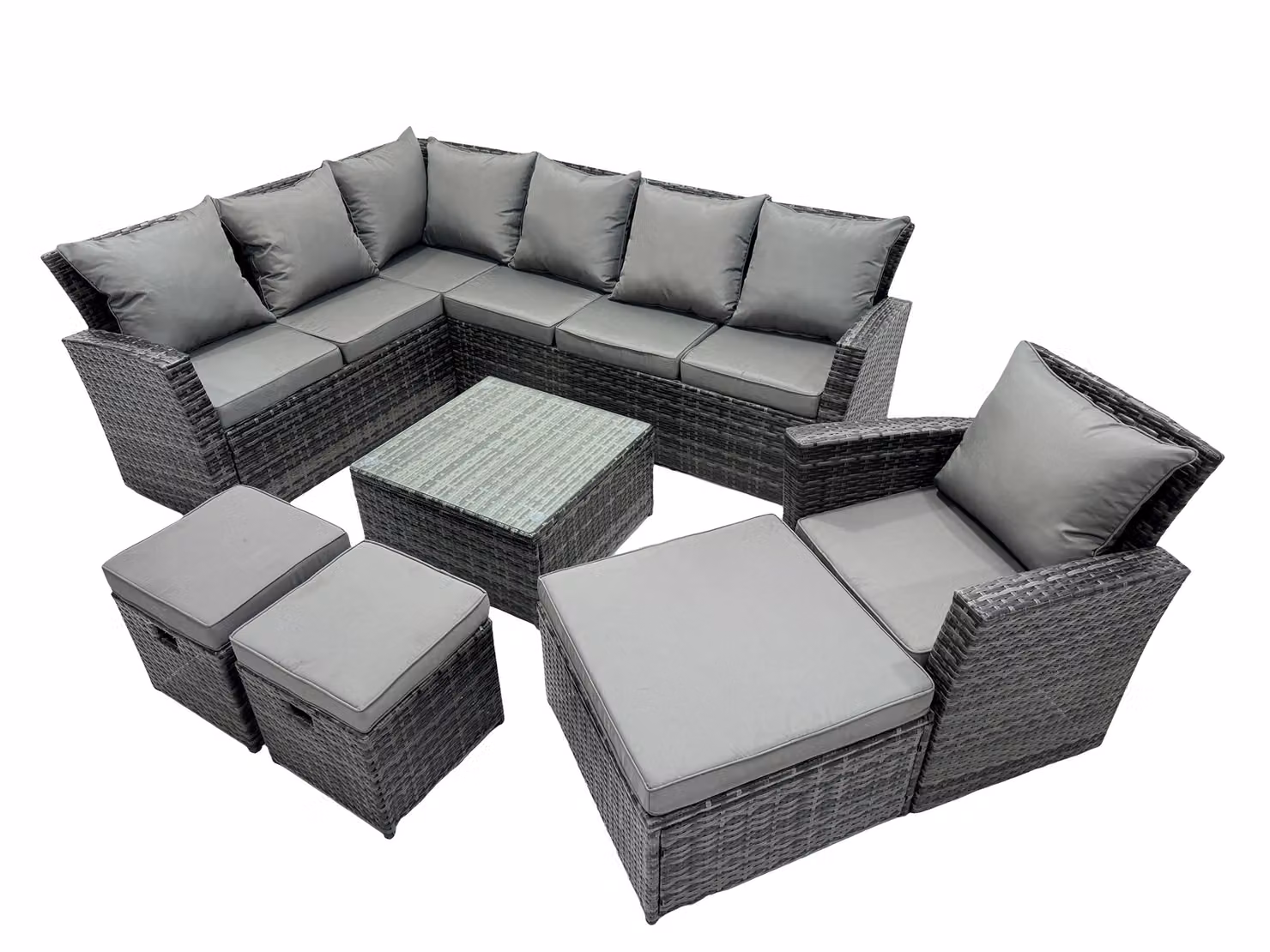 Fimous Rattan L-Shape Corner Sofa Set with 3 Stools and Matching Ottoman in Grey – 2