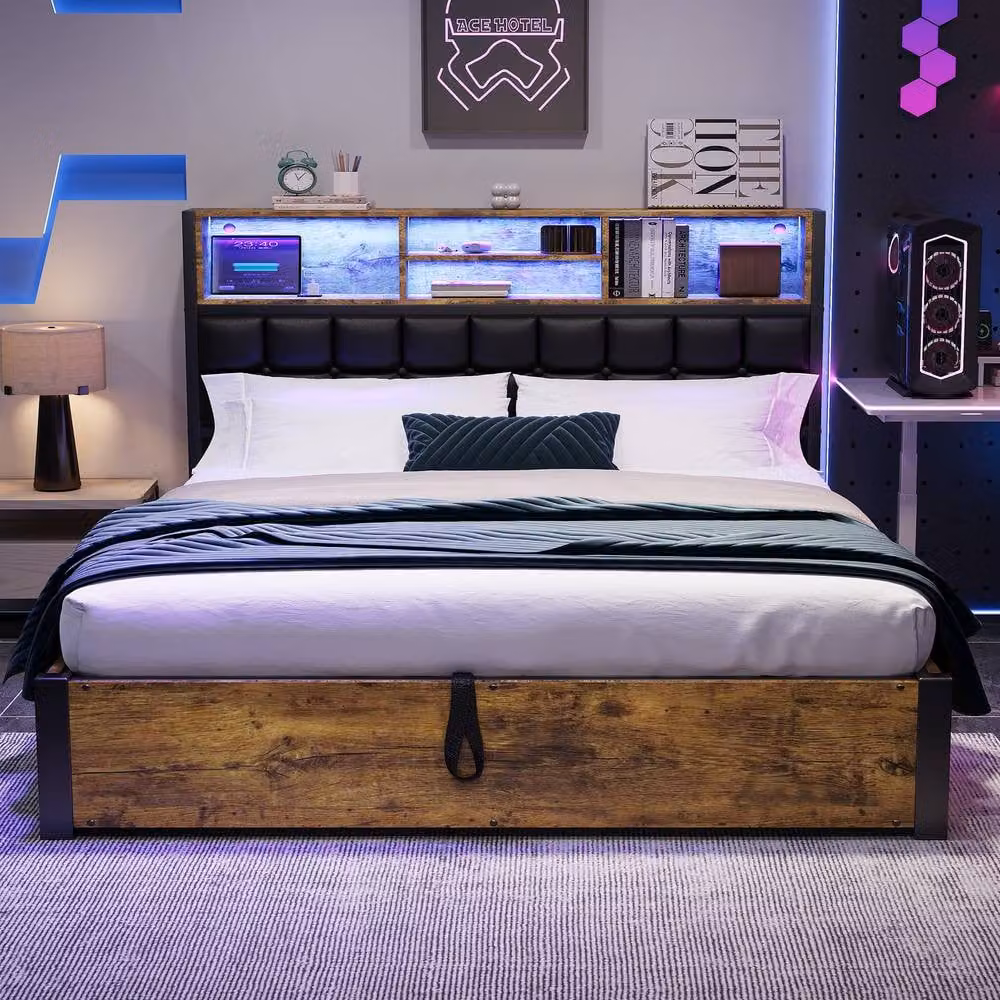 ModernLuxe Walnut Double Ottoman Bed with LED Lights, USB Charging Port and Storage Headboard, W/D/H: 140 x 190 x 141 cm – 2