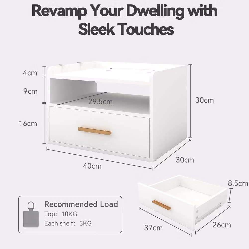 KORVIXA Wall Mounted Floating Bedside Table with Charging in White – 2