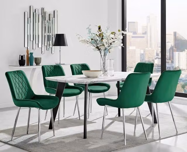 FurnitureboxUK Andria Marble Effect Dining Table with Black Legs and 6 Pesaro Green Velvet Chairs with Silver Legs – 1
