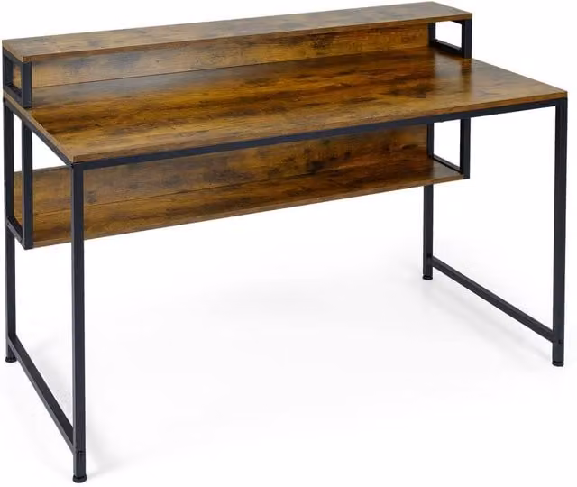 Gymax Industrial Office Desk with Monitor Stand, Brown Metal Frame – 1
