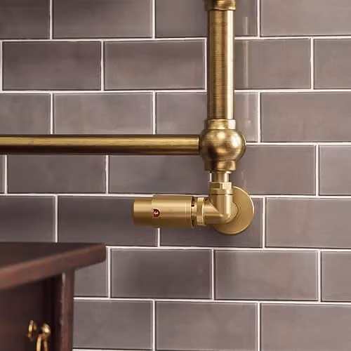 Terma Vario Vision 3-Axis Corner Accessory Valve Set in Gold Brass with Thermostat Head and Pipe Masking, Right Sided