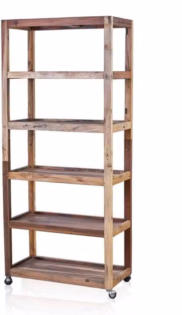 KDMD Handmade Teak 6 Shelf Bali Display Unit with Casters, Brown, H 180 x W 79 x D 37 cm – 1