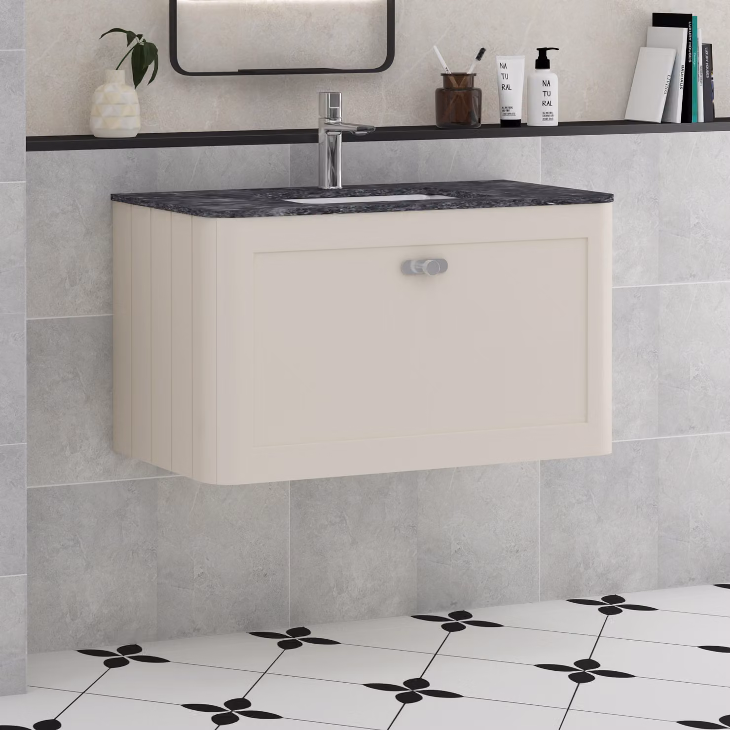 Royal Bathrooms Henley 800mm Wall Hung Vanity Unit with 1 Drawer, Mushroom Cashmere Finish and Black Star Stone Top