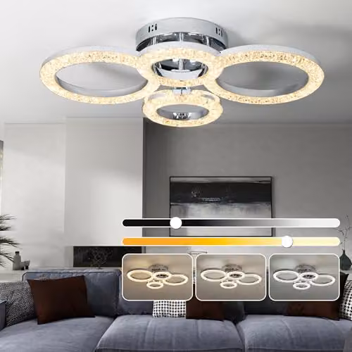 HOMCOM Dimmable LED Ceiling Light with 4 Rings and Wall Switch, Silver Tone