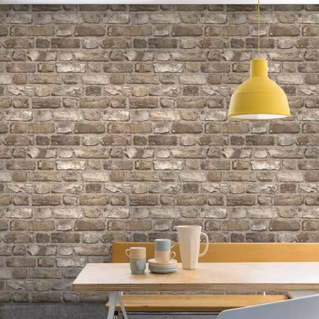Grandeco Industrial Realistic 3D Effect Brick Wallpaper in Beige and Yellow
