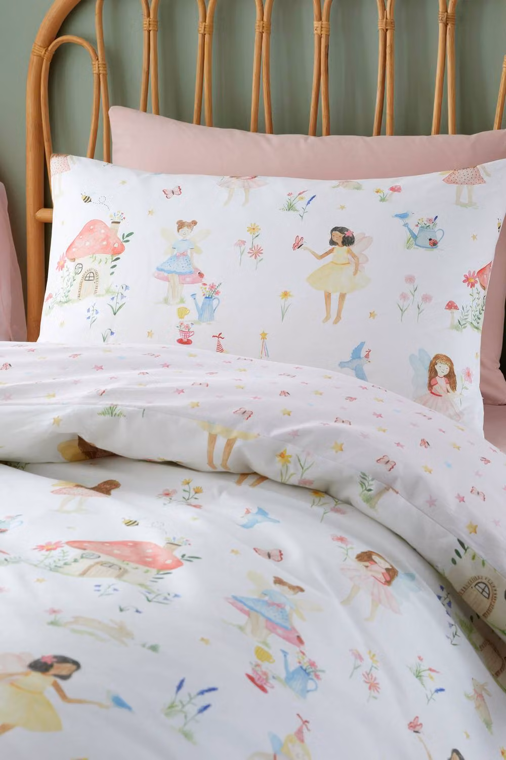 Bedlam Summer Fairies Childrens Reversible Polycotton Duvet Cover Set in Pink, White and Gold, W/D/H: 90 x 200 cm – 2