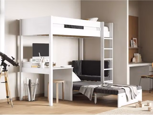 Noomi Tapio White Highsleeper Single Bed with Black Cotton Futon and Solid Pine Wood Frame
