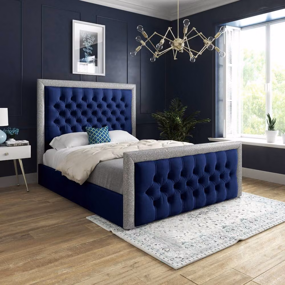 Casani Thorpe Upholstered Blue Velvet Designer Bed Frame W/D/H: 200 x 189 x 137 cm – 2