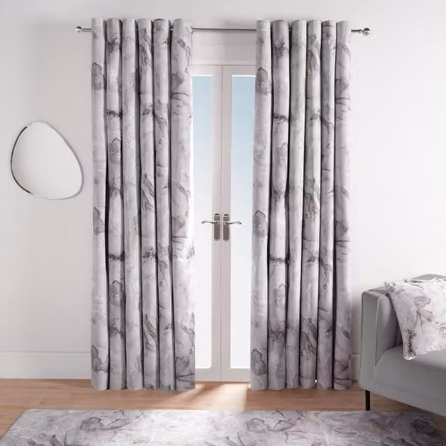 OHS Grey and Pink Marble Print Blackout Eyelet Curtains, Thermal Insulating, Width: 228.6 cm, Height: 228.6 cm