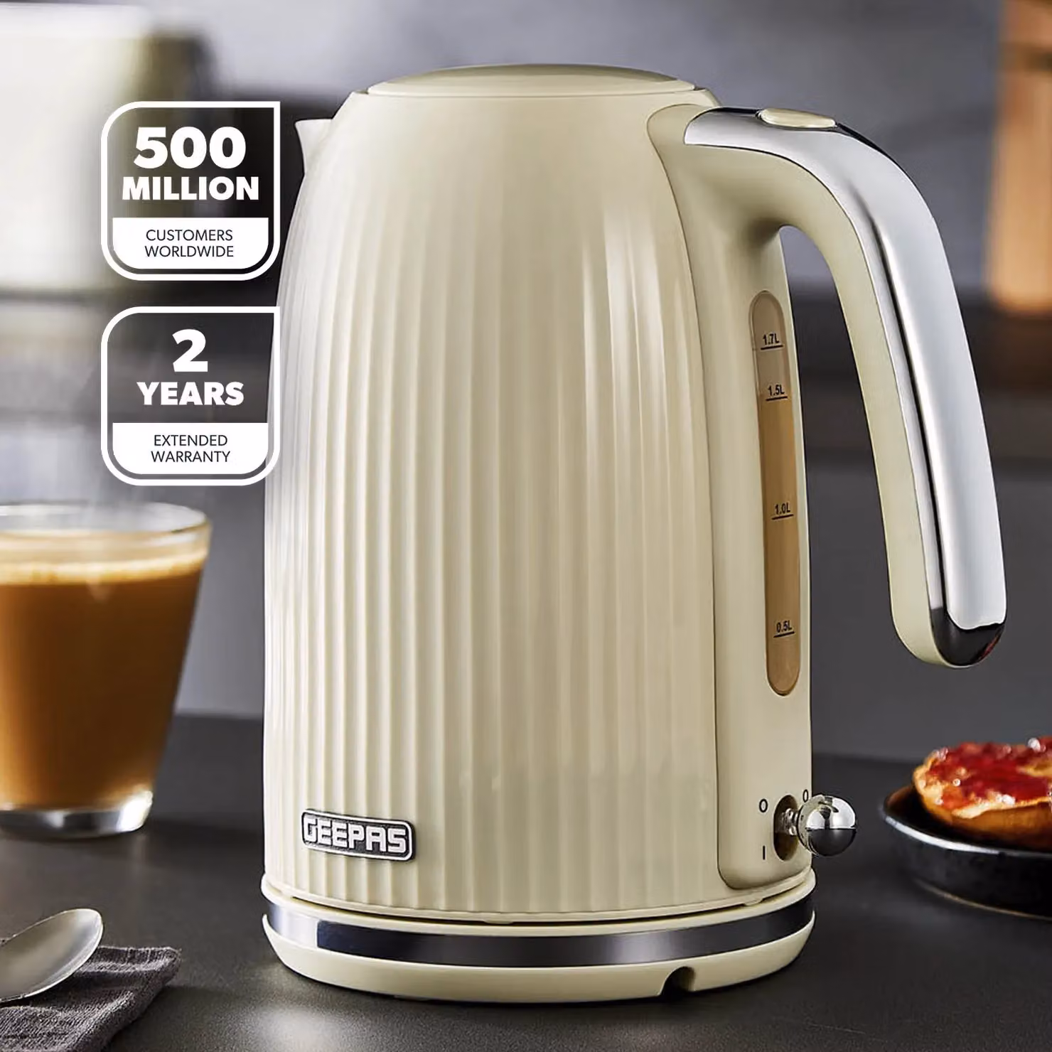 Geepas Fluted Collection Electric Kettle 1.7L with Auto Shut Off and Limescale Filter, Beige – 2