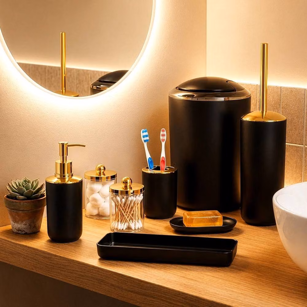 VOGREX Black Bathroom Accessory Set with Soap Dispenser and Toilet Brush – 3
