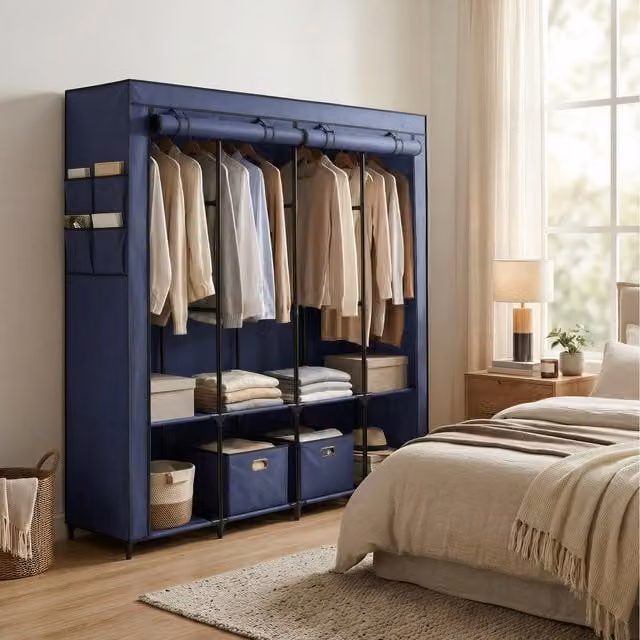 SONGMICS Portable Wardrobe with 4 Hanging Rails and Internal Shelves, Blue