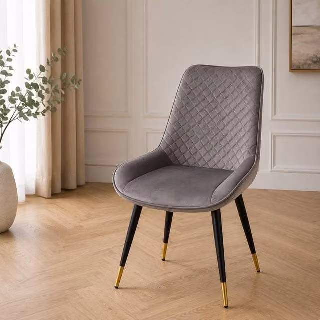 Stratus Interiors Luna Quilted Velvet Dining Chair in Grey with Black Metal Legs – 1