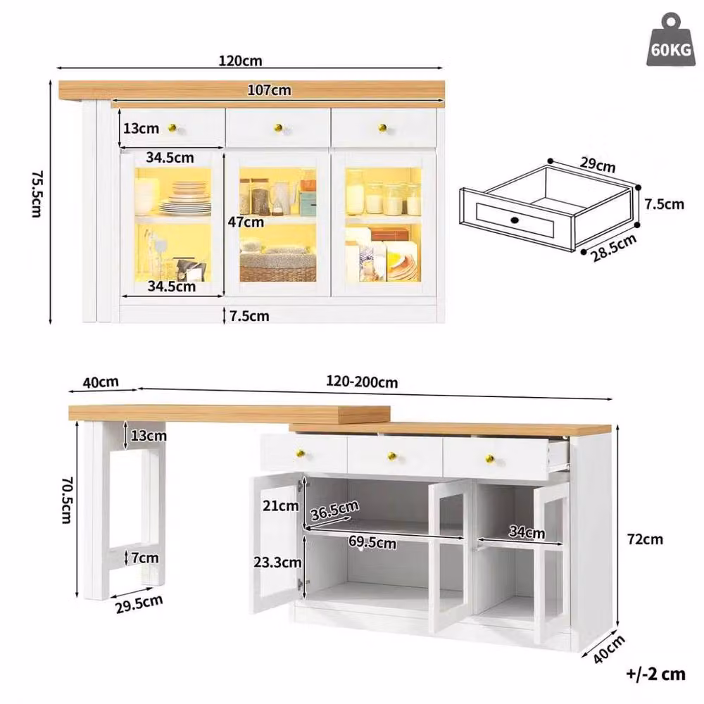 Rolipo Extendable Kitchen Island with LED Lights and Storage, White – 4