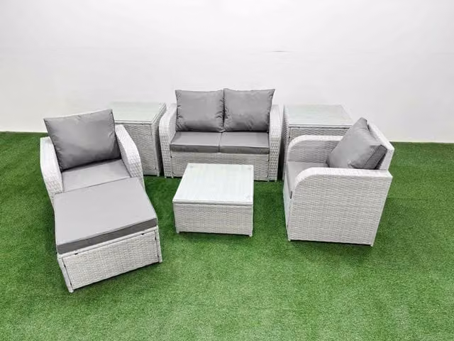 Fimous 5 Seater Light Grey PE Wicker Rattan Garden Furniture Set with Reclining Adjustable Chairs, Square Coffee Table, Footstool and 2 Side Tables