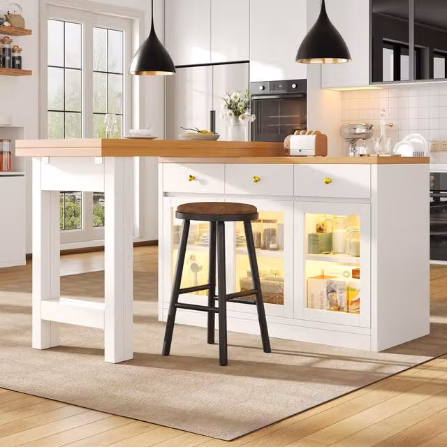 Aosom UK Extendable Modern Kitchen Island with Multicolour RGB LED Lighting and 3 Deep Drawers, White, W: 120 cm, D: 40 cm, H: 75.5 cm – 1