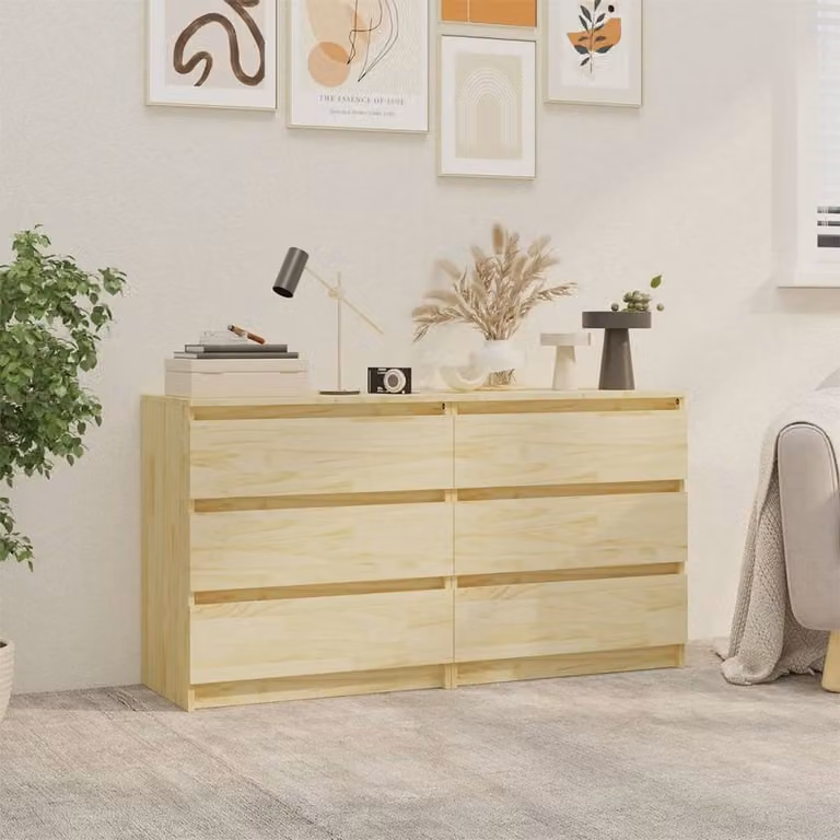 Berkfield Home Set of 2 Durable Solid Pinewood Bedside Cabinets in Natural, W/D/H: 60 x 36 x 64 cm