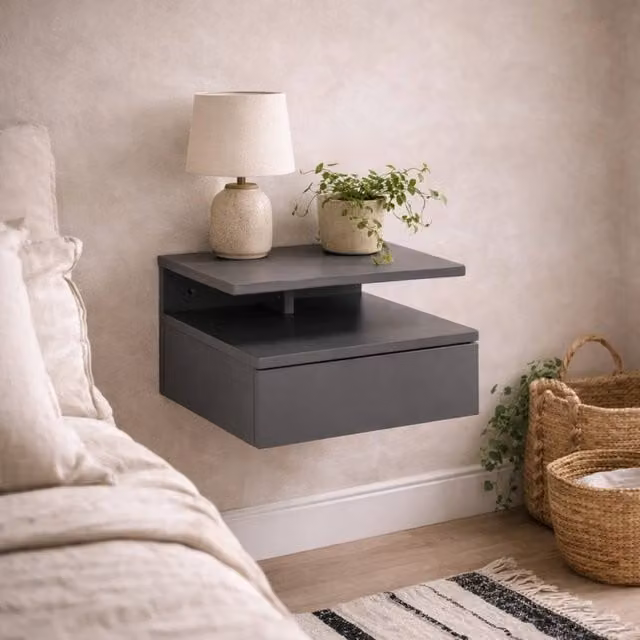 Wyld Haus Lincoln Grey Wall Mounted Floating Bedside Table with 1 Soft Close Drawer and Open Shelf, W/D/H: 35 x 22.5 x 32 cm