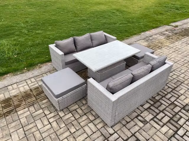 Fimous PE Rattan Garden Furniture Set in Light Grey with Height Adjustable Lifting Table and 2 Large Footstools