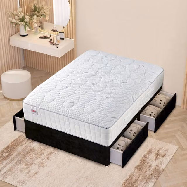 Horizona Black Upholstered Velvet Hybrid Divan Bed with Drawers W/D: 180 x 200 cm