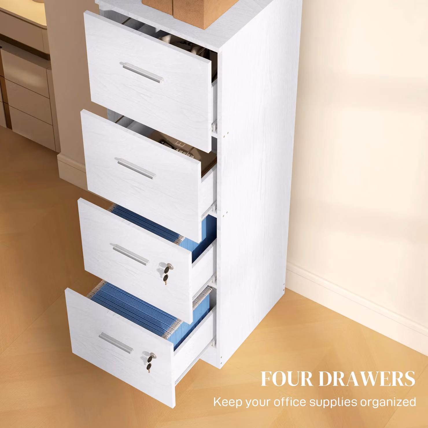 HOMCOM 4 Drawer Locking Filing Cabinet in White – 3