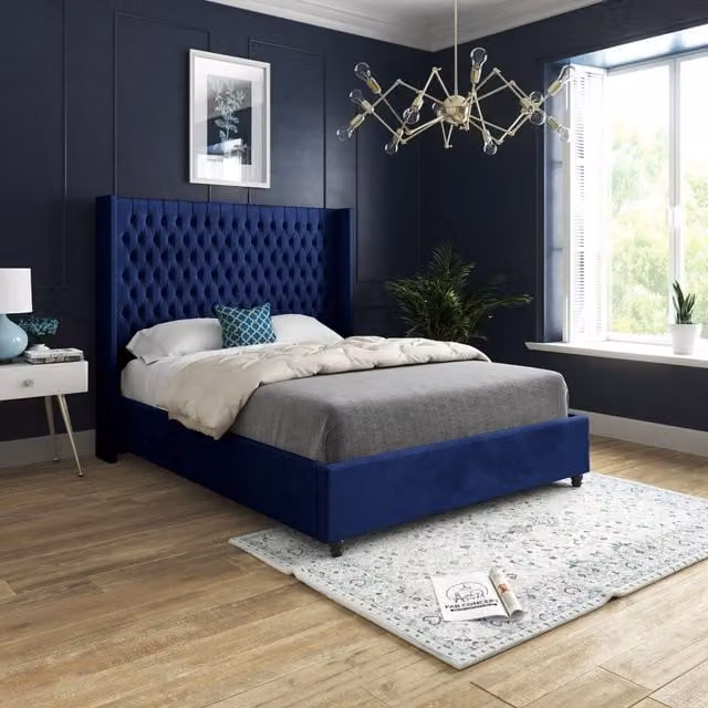 Casani Volta Straight Winged Upholstered Velvet Bed Frame in Blue, W/D/H: 137 x 128 x 200 cm