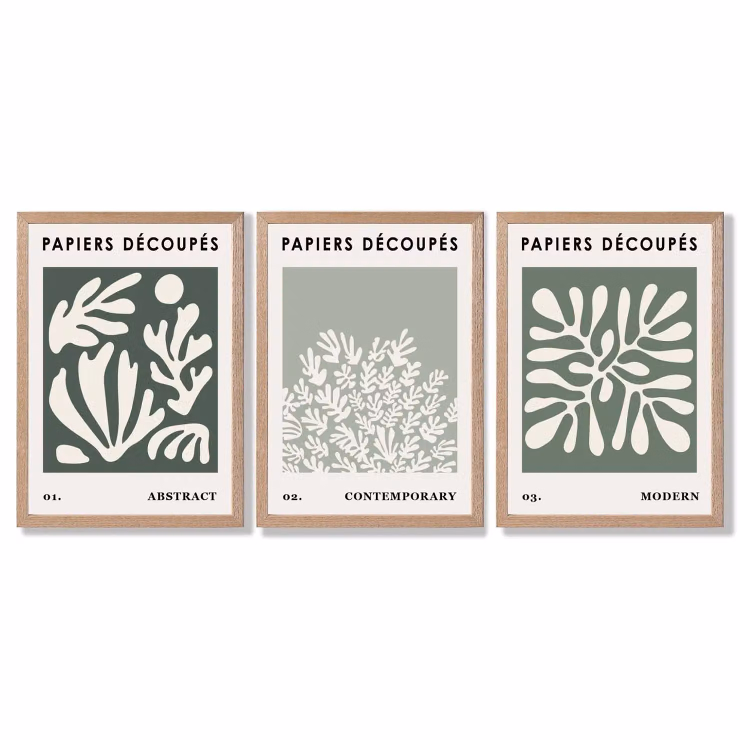 ARTZE Matisse Floral Set of 3 Wall Art Prints in Green and Beige with Oak Wood Frame – 2