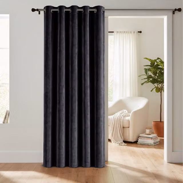 Velosso Black Matte Velvet Thermal Insulating Opaque Fabric Door Panel Curtain with Rod Pocket