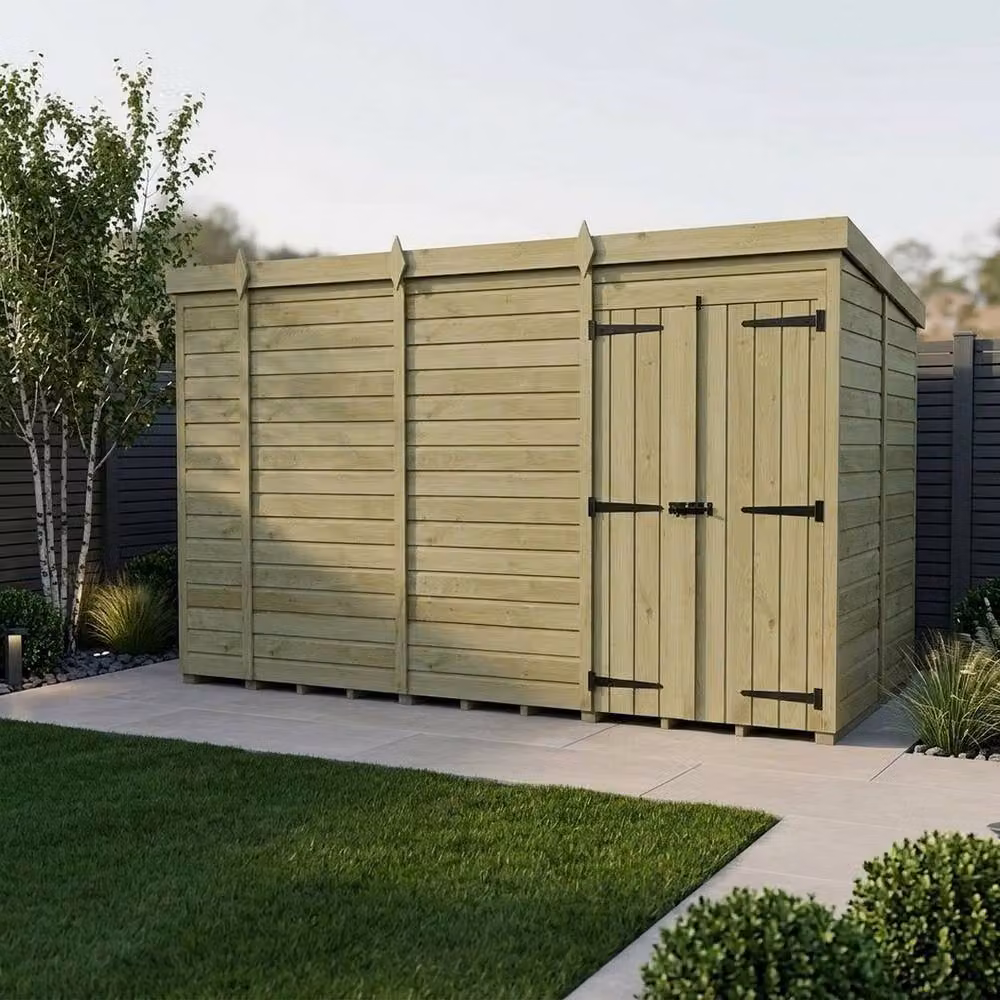 Buttercup Farm Brown Timber Pent Garden Shed with Double Doors, W: 305 cm, D: 305 cm, H: 210 cm – 2