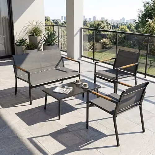 Outsunny 4 Seater Grey Polyrattan Garden Furniture Set with Outdoor 2 Seater Sofa, Lounge Armchairs and Coffee Table – 8
