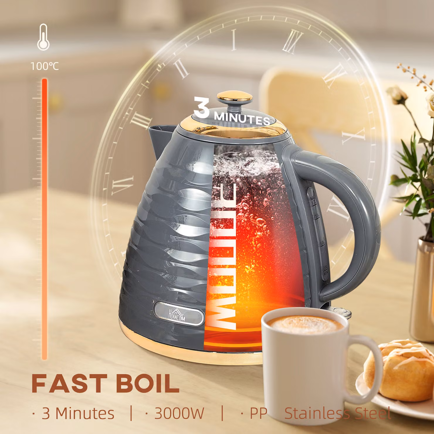 HOMCOM Electric Kettle, 1.7 l, Grey, with Removable Anti-scale Filter and Auto Shut-off – 2