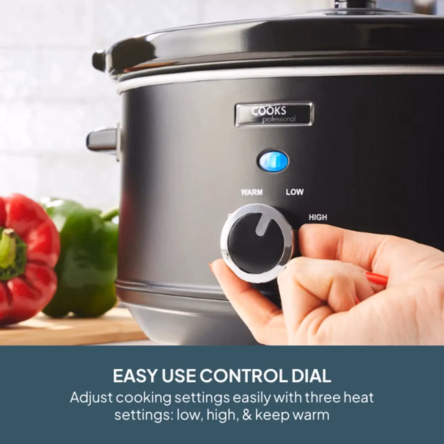 Cooks Professional 3.5L Slow Cooker in Black with Glass Lid and Removable Dishwasher Safe Bowl – 3