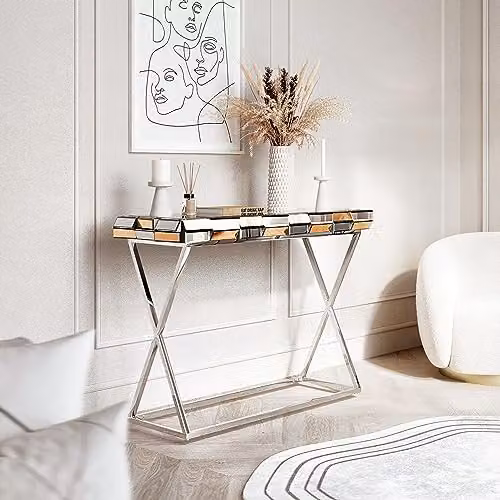 CARME HOME Knightsbridge Mirrored Console Table in Gold and Silver, W: 110 cm, D: 40 cm, H: 78 cm