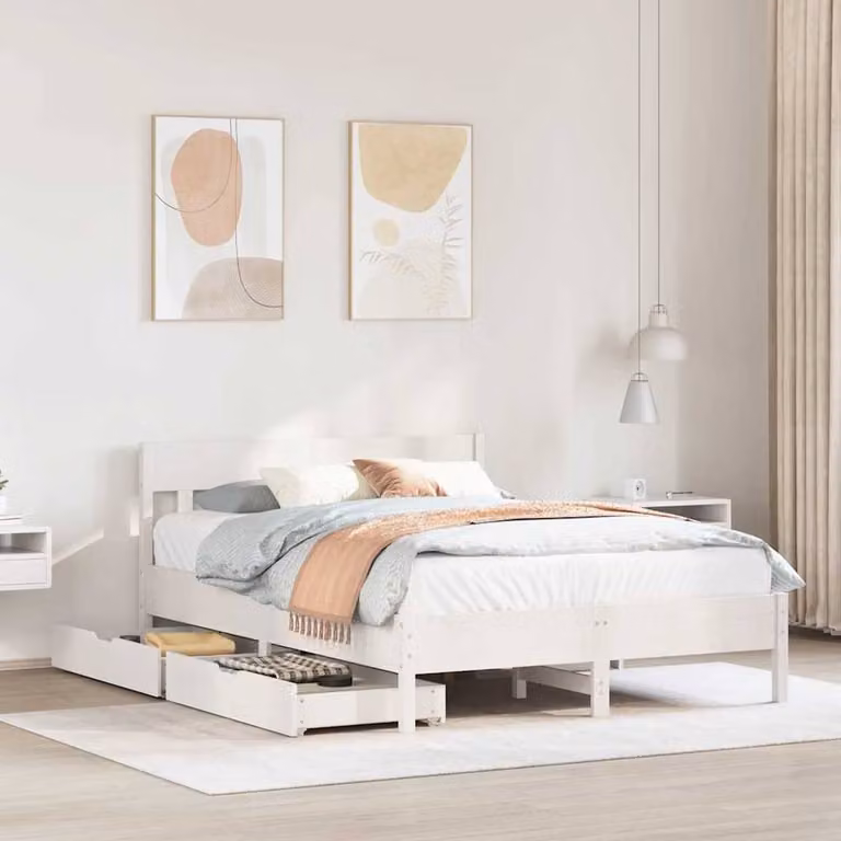 Berkfield Home White Solid Wood Pine King Size Bed Frame with Drawers W/D/H: 150 x 200 cm