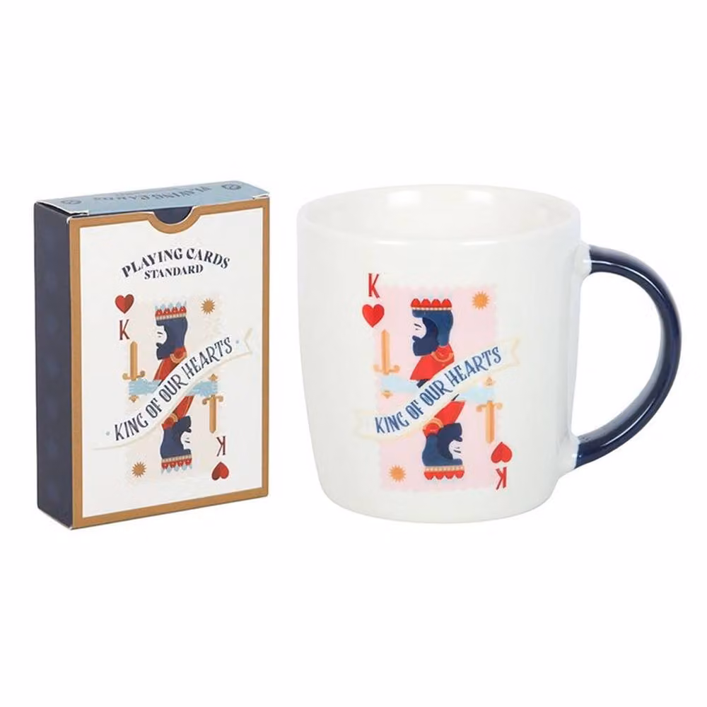 Uniqueful Men's King of Our Hearts Mug and Playing Cards Set in White and Blue – 2