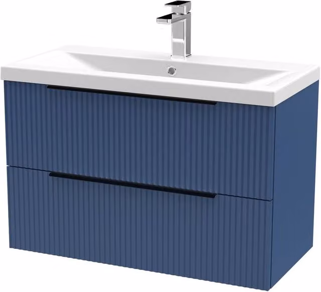 Balterley Fluted Front Wall Hung 2 Drawer Vanity Basin Unit in Satin Blue, W: 80 cm, D: 54 cm