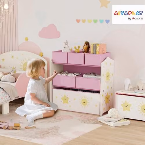 AIYAPLAY 3-Tier Kids Toy Storage Unit with 6 Removable Fabric Boxes, Pink, H 66.0 cm x W 30.0 cm x D 30.0 cm – 2