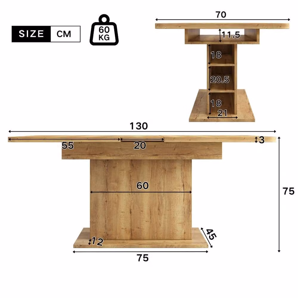 Rolipo Oak Extendable Rectangular Dining Table with Storage and Metal Frame in Brown – 2