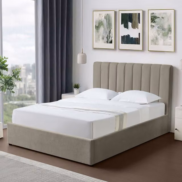 Artemis Home Evelynne Upholstered Fabric Double Ottoman Bed Frame with Storage in Light Brown, W/D/H: 135 x 140 x 190 cm