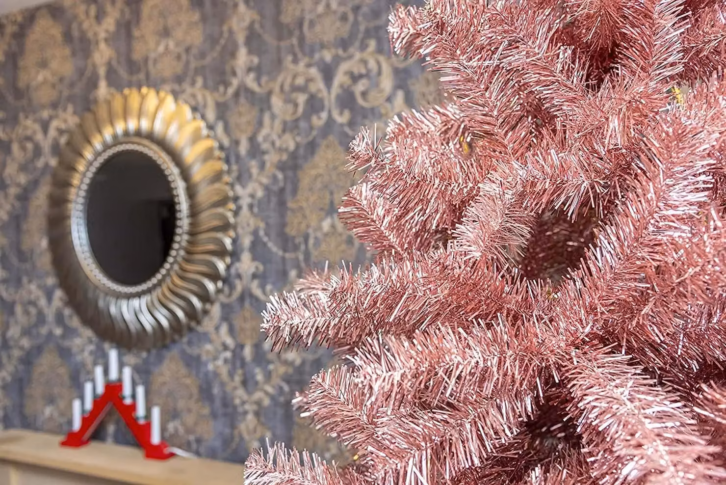 Shatchi 6ft Artificial Christmas Tree with Rose Gold Shiny Tinsel Tips – 4