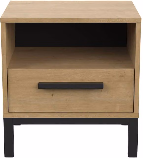 CALICOSY Bedside Table with 1 Drawer and 1 Niche in Light Brown Oak and Matte Black Finish – 1