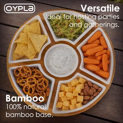 Oypla Rotating Bamboo Lazy Susan Serving Platter with Ceramic Dishes in White and Brown – 4