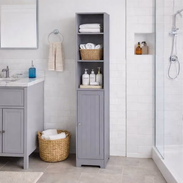 SAXONY Grey Tall Slim Bathroom Storage Cabinet with Door and Shelves, H 160 x W 30 x D 30 cm – 1