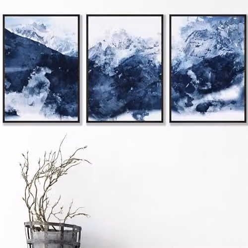 ARTZE Set of 3 Abstract Navy Blue Mountain Landscape Wall Art with Black Frames, W: 33 cm x H: 45 cm – 1