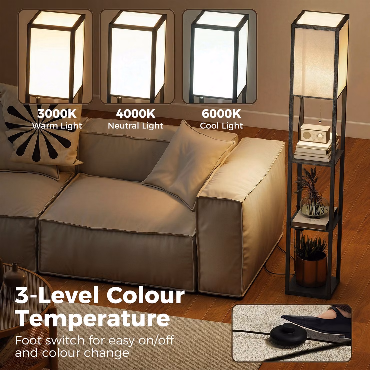 HOMCOM Modern Black Floor Lamp with 3-Layer Shelves and LED Lighting – 5